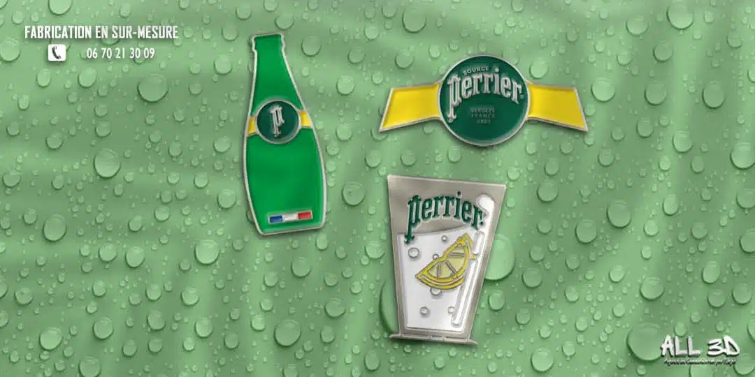 Fabrication de pin’s personnalisés en métal émaillé 2D – Set de 3 modèles PERRIER Set de 3 pin’s personnalisés en métal émaillé 2D fabriqués pour la marque PERRIER, à partir de 100 pièces.